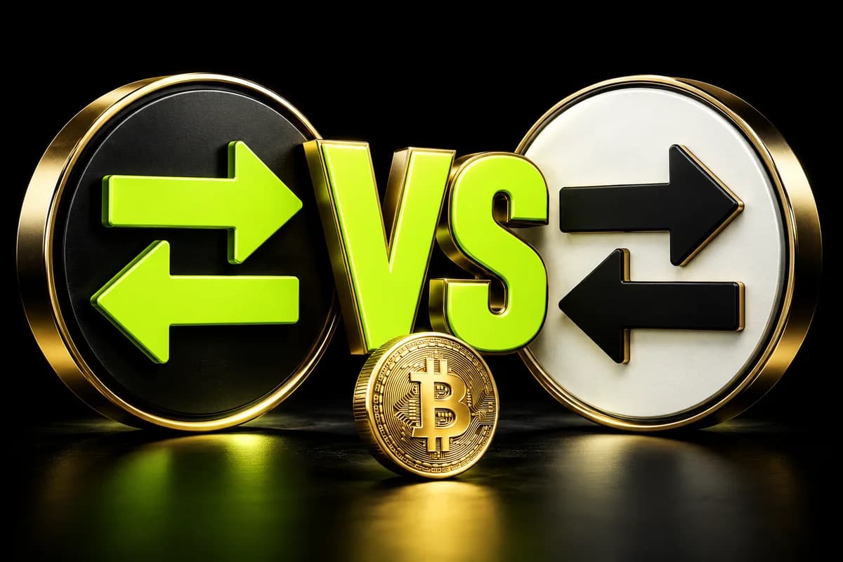 Two gold-rimmed exchange discs face off, a black one with lime swap arrows and a white one with black swap arrows, split by a large lime VS above a small gold Bitcoin coin.