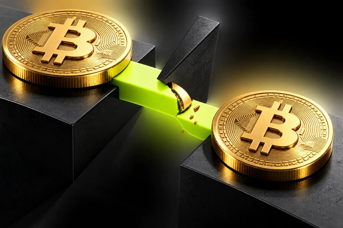 Two gold Bitcoin coins on separate black platforms, linked by a lime bar that a dark wedge cuts into, chipping a slice off the transfer.