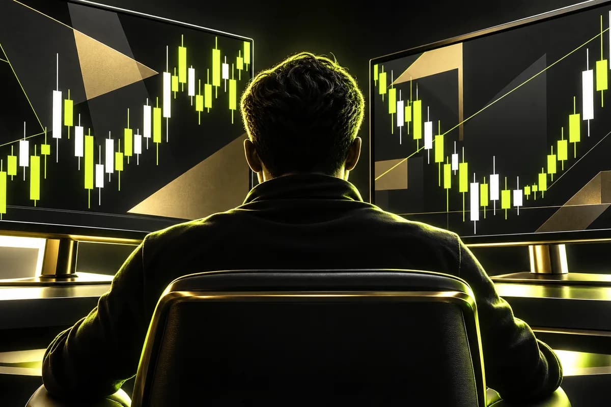 Stylised artwork of an anonymous trader seen from behind, facing two chart monitors. It is artwork, not a photograph of the author.