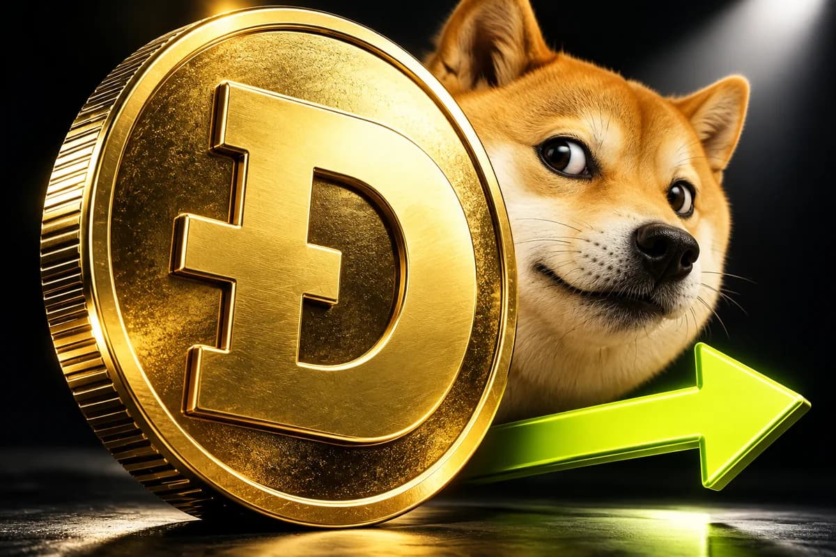 A large gold coin with the Dogecoin D symbol, a Shiba Inu face peeking out from behind it and a lime arrow pointing right.