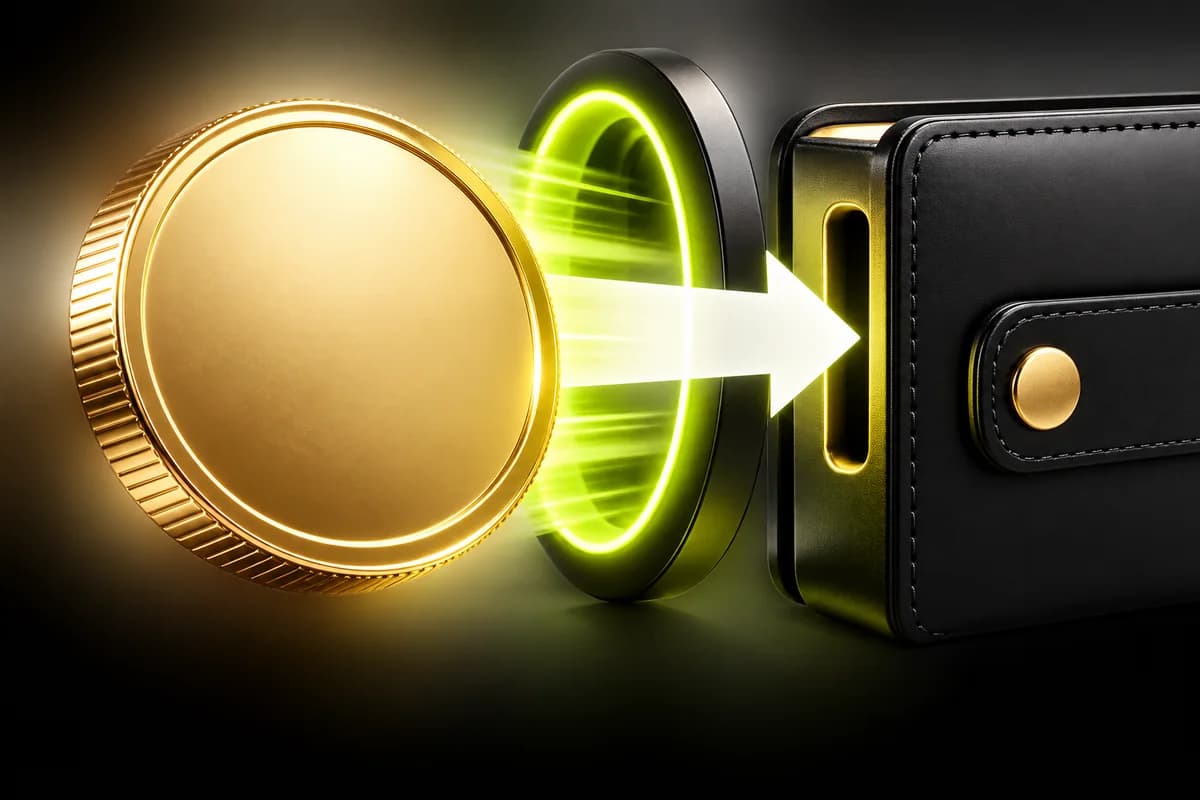 A large blank gold coin passing through a lime ring, with an arrow pointing into the slot of a black wallet.