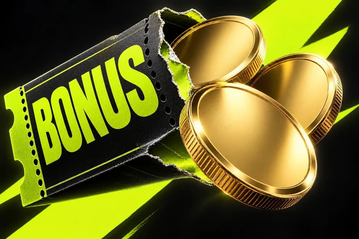 A black and lime ticket printed with the word BONUS, ripped open as three blank gold coins spill out.