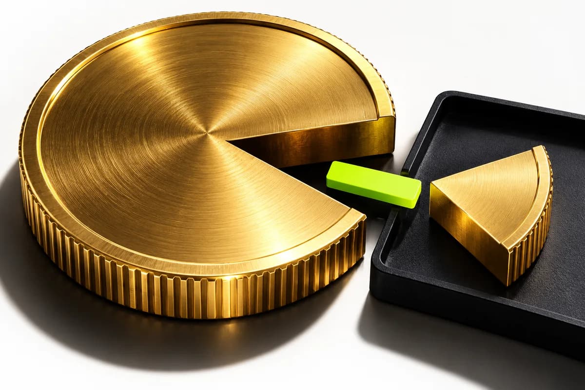 A large gold coin with a wedge cut out, the removed wedge sitting in a black tray beside a small lime bar.