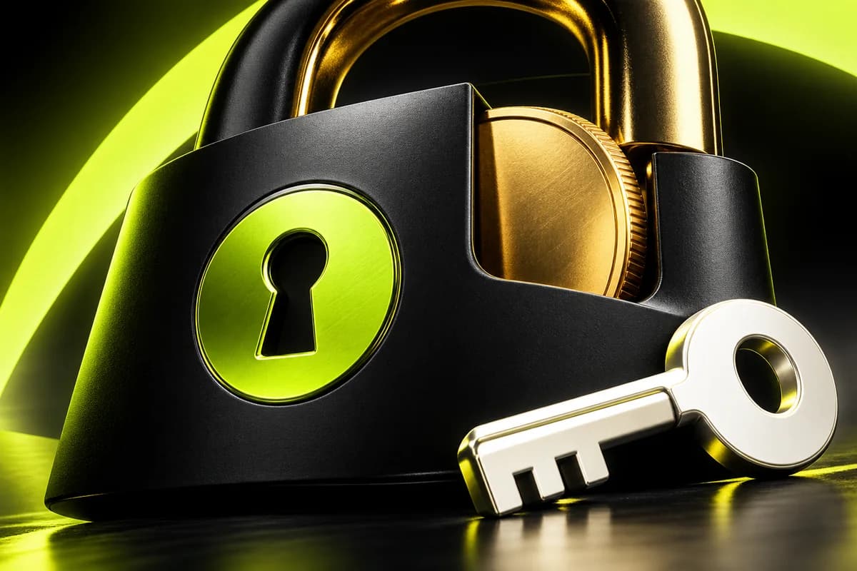 A black padlock with a lime keyhole guarding a gold coin, with a silver key resting in front of it.
